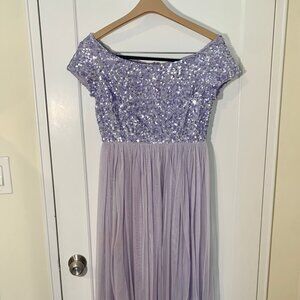 Maya Bardot Maxi Dress - Sequined Bodice & Tulle Skirt - Lilac - Size 6 Petite